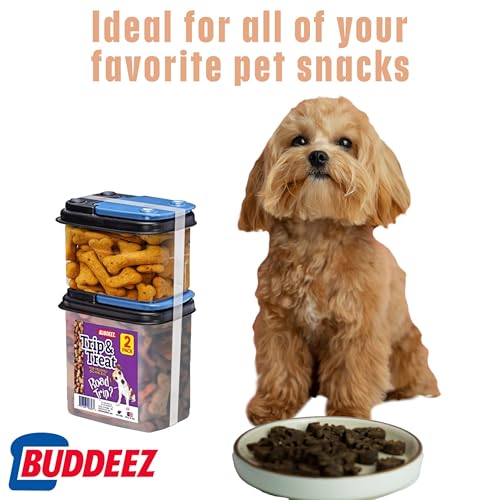 Buddeez Trip and Treat - Pet Food Storage with Flip Lid - Stackable BPA Free Treat Containers - Travel Food Dispenser for Pets - 1QT and 0.6QT