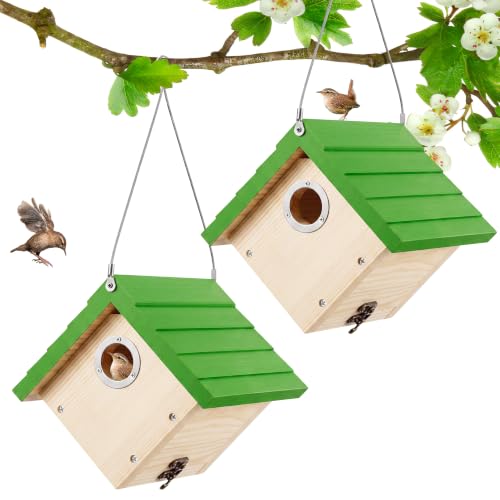 Dreyoo 2 Pack Wren House, 1-1/8'' Entrance Hole Hanging Wooden Wren Bird Houses for Outside with Metal Guard, Air Vents, Pine Wood for Chickadees (Green,Wood Color) - color: Green, Wood Color