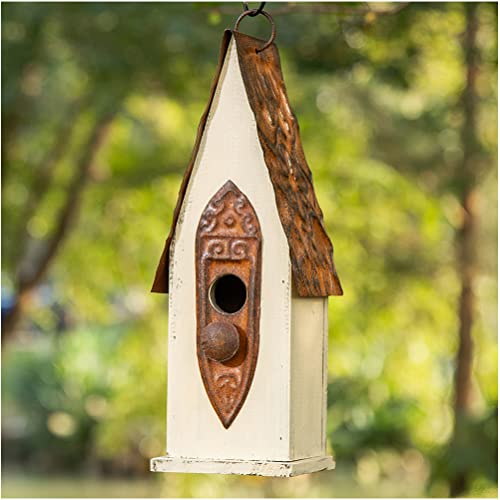 Glitzhome Bird Houses for Outside, Garden Hanging Birdhouse for Outdoors, 13.25" H Washed White Distressed Hand Painted Solid Wood Bird House for Bluebird Hummingbird Wren Finch Cardinals Cedar - color: Off-White