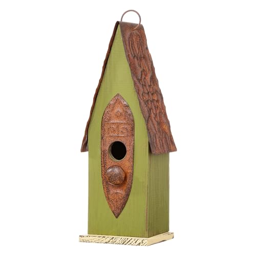 Glitzhome 13.25" H Hanging Birdhouse Retro Green Distressed Solid Wood Bird House for Outdoor - color: RetroGreen