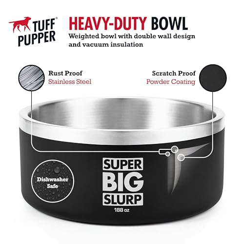 Tuff Pupper Heavy Duty Insulated Dog Bowl | Double Wall Stainless Steel Dog Food Dish | Non-Slip Spill Proof Dishwasher Safe Cat Bowl | Water Dish for Feeding Large Medium Small Pets (188oz, Black) - color: Epic Black, size: 188oz