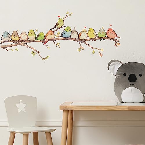 Cartoon Birds on The Branch Wall Decal Animal Wall Sticker | Removable peel and stick wall art for nursery, classroom, preschool, living room, bedroom, and bathroom