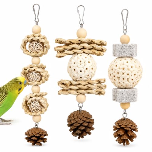 3 Pack Bird Toys for Small Birds, Texture-Rich Shredding & Chewing Toys with Sola Ball, Rattan Balls, Pumice Stone and Pinecone, Hanging Cage Toys for Budgies, Cockatiels, Lovebirds and Small Conures - size: 3 Pack