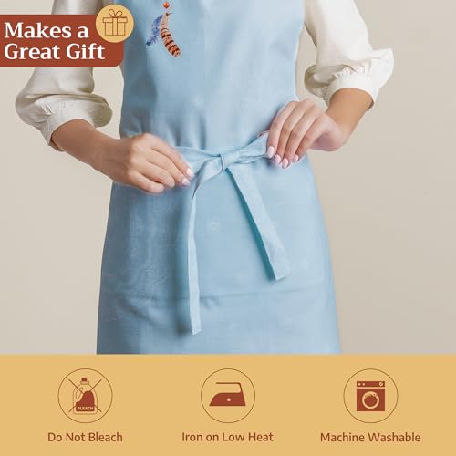 Maison d' Hermine Aprons for women with Pocket 100% Cotton (27.50"x31.50") | Adjustable Neck Strap & long ties Apron Men Chef Wedding Cooking Gardening Server Maid - color: 028 - Ibiza - Blue