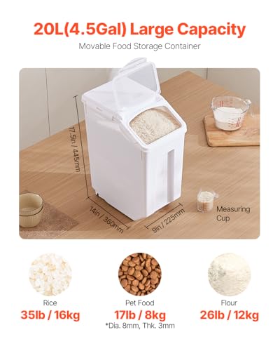 VEVOR Rice Storage Container, 4.5Gallon/20L Capacity Large Dog Food Dispenser Bin, Kitchen Ingredient Grain Cereal Flour Bin, Pet food Containers with Wheels, Measuring Cup, Airtight Lid, 1 Pack - size: 4.5 Gallon*1