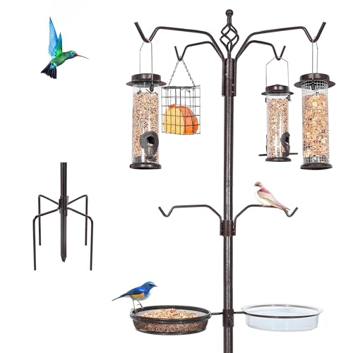 YINGYM Bird Feeding Station Kit, 94 Inch Bird Feeder Pole for Outdoors | 6-Hook Bird Feeder Stand with 4 Feeders, Metal Suet, Bath Tray and 5-Prong Base, Easy Assembly for Wild Birds Watching - size: 94 Inch without Squirrel Baffle