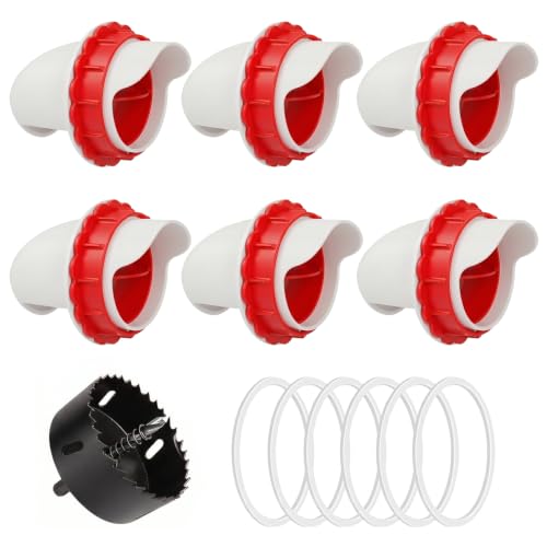 DIY Chicken Feeder Ports, 6 Ports Chicken Feeder No Waste, DIY Automatic Poultry Feeder Cups Kit, Rain Proof Gravity Feeder Port with Hole Saw for Buckets Barrels Bins Troughs
