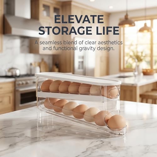 Auto-Rolling Egg Dispenser with Lid, Transparent, 1 Pack | Fridge Egg Organizer, Side-Door Slide Design, Stackable & Space-Saving, Easy Access, Holds 14–16 vs. Standard 12