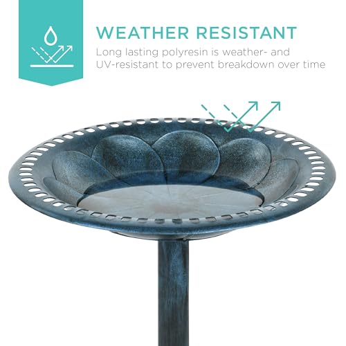 Best Choice Products 28in Pedestal Bird Bath, Vintage Outdoor Resin Accent Decoration w/Fleur-de-Lis Accents - Peacock Blue - color: Peacock Blue