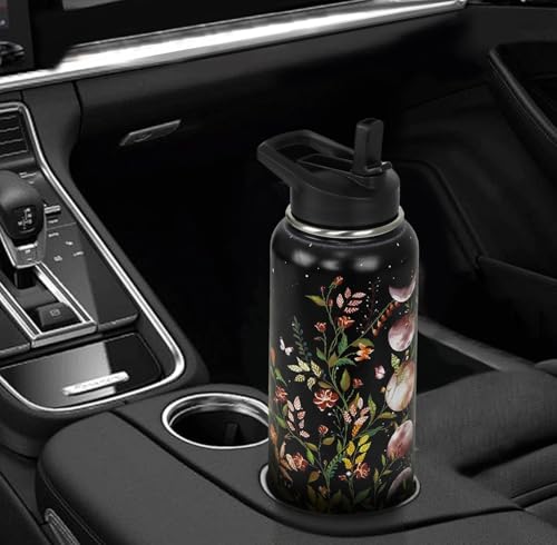 Goth Water Bottle with Straws Insulated Bottle Halloween Gothic Flower Moon Travel Thermal Double Walled Vacuum Cup Leak Proof Stainless Steel Tumbler Witchy Decor Gifts-32 oz - color: Champagne gold black
