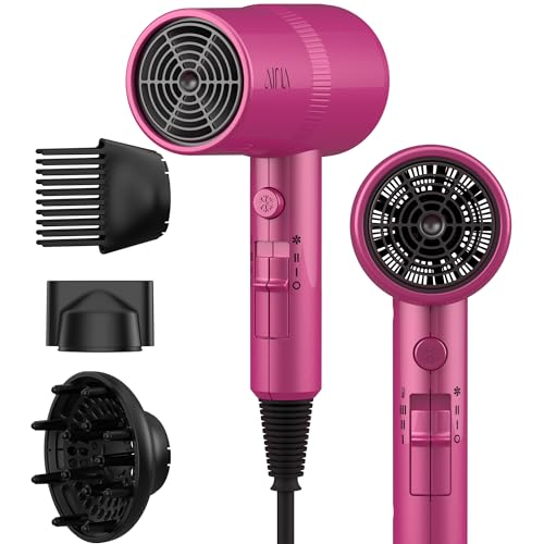 AINA Hair Dryer with Diffuser,Comb Full-Featured Blow Dryer 110V(Neon Pink) | 3 Heat/2 Speed;Cold shut button;Lightweight;Compact Size;High Temp;Low Airflow;Same Results;Less Expense - color: Neon Pink, size: 4 Piece