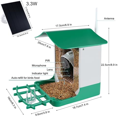 Ceeyali Smart Bird Feeder with Camera and 64GB Memory Card, 2K HD Video & Photo Live View, Solar Powered Panel, AI Birds Identification, 2.4G WiFi, 2.1L Seed Capacity (F2A Green) - color: F2A Green