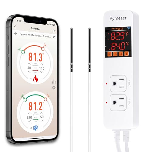 SmartLife/Tuya APP WiFi Temperature Controller with Dual Probes, Smart Digital Thermostat with Two Outlets for Reptile Heat Mat, Greenhouse Seedlings, Homebrew Fermentation, Cooling Fan