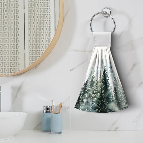 Watercolor Green Tree Hanging Hand Towels Christmas Pine Tree Kitchen Tie Towel Rustic Nature Forest Hand Towels with Hook Loops Winter Hanging Kitchen Towel Fast Drying Dish Tea Towels, 2pcs - color: Green Tree