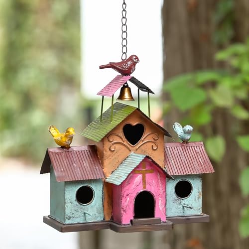 Large Bird Houses for Outside Hanging, 4 Hole Outdoor Bird House with Bell, Easy Clear, Colorful Metal Bird Houses for Outside. - style: Colorful 1