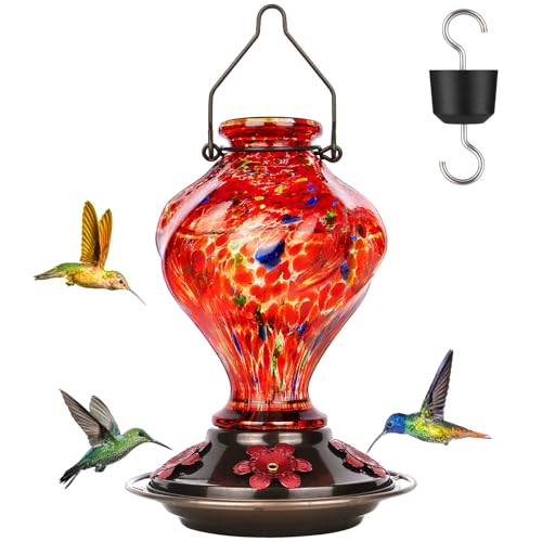 Glass Hummingbird Feeders for Outdoors Hanging with ant Moat, Red | Hand Blown, 24oz, 5 Bee-Proof Ports, 360° Perch, Leak-Proof, Easy Refill & Clean, Garden Decor, Gifts for Mom Dad Women Men - color: Rising Red