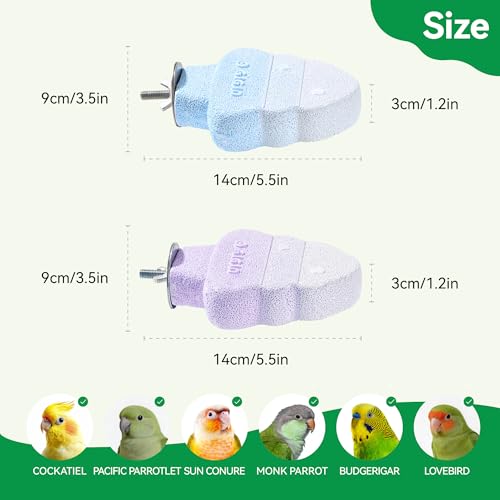 2 Pack Parrot Perch for Cage Bird Beak Grinding Stone, Volcanic Rock Mineral Bird Perch, Parrot Cage Accessories for Parakeets Budgies Cockatiels, Lovebirds Small to Medium Birds - color: Blue+Purple