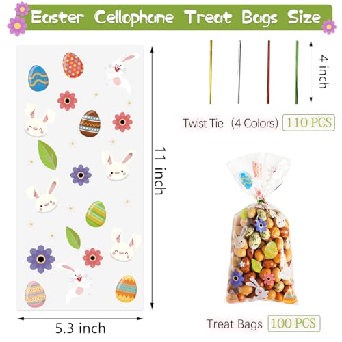 QOIUSO 100pcs Easter Treat Bags: Clear Easter Cellophane Bags for with Twist Ties for Candy Goodie Cookies Sweet and Gifts Packaging - 4 Style Plastic Party Favors Bags - color: Easter-100pcs