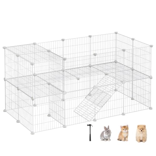 SONGMICS 36 Panels Pet Playpen, Small Animal Playpen, Rabbit Guinea Pig Cage, Zip Ties Included, Metal Wire Apartment-Style Two-Story Pet Premium Villa for Bunnies Puppies, Indoor Use, White ULPI02W - color: White, size: 56.3"L x 28.7"W x 28"H