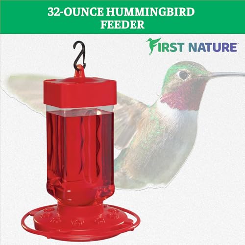 First Nature Hummingbird Feeder - 10 Feeding Ports - Red Base | Wide Mouth Prevents Messy Spills - Sealing Ring Prevents Bottom Leaks - Multi-Port Base Accommodates Flocks - size: 32 Ounce