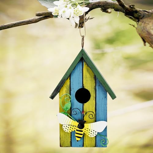 Morning View Bird Houses for Outside Decorative Nest Box Wooden Birdhouse Hanging Spring for Yard Garden Patio Outdoor Small Birds Bluebird Finch Cardinals Wren 9.35 Inch Tall (Light Blue) - style: Bee