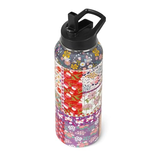 Boho Pioneer Water Bottle with Straws Insulated Sports Bottle Boho Flower Travel Thermal Double Walled Vacuum Cup Leak Proof Stainless Steel Tumbler Mom Gifts-32 oz - color: Red