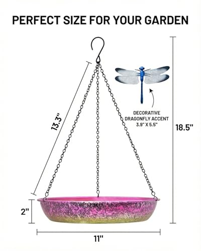 Hanging Bird Bath for Outside Iridescent Metal Feeder Tray with Hand-Painted Pink and Green Gradient 11" Decorative Birdbath for Wild Birds to Bathe & Drink Garden Decor for Patio & Yard - color: Pink Green Gradient