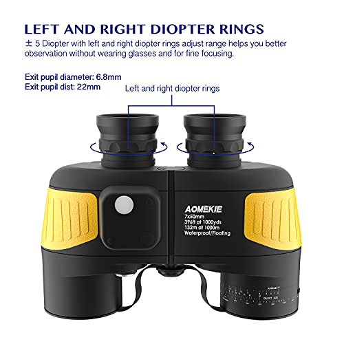 AOMEKIE 7x50 Waterproof Marine Binoculars for Adults with Rangefinder Compass BAK4 Prism FMC Lens for Birdwatching Hunting Boating Fishing Water Sports(Yellow) - color: Yellow