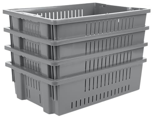 Hudson Exchange 20 x 13 x 5.6" (4 Pack, 4.5 Gallon) Agricultural Nest and Stack Vented Crate Handled Storage Container Tote, Gray - color: Gray