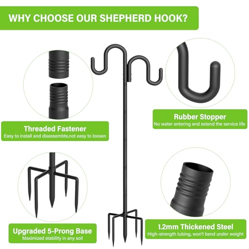 Double Shepherd Hook for Outdoor, 108" Heavy Duty Bird Feeder Pole with 5-Prong Base, Adjustable Thickened Shepherd Hook for Bird Feeder, Flower Baskets, Solar Lights, Lanterns, Black, 2 Pack - size: 108"