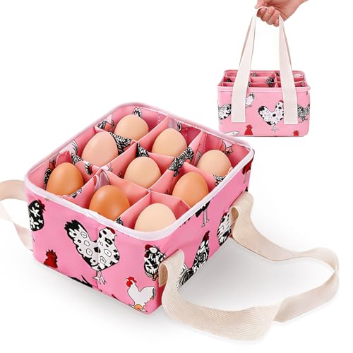 Eggs Collecting Basket, Durable Canvas Egg Basket with Plastic Board, 9-Pouch Chicken Egg Holder Bag for Gathering Fresh Eggs, Egg Gathering Basket and Multipurpose Chicken Holder Bag (Pink)
