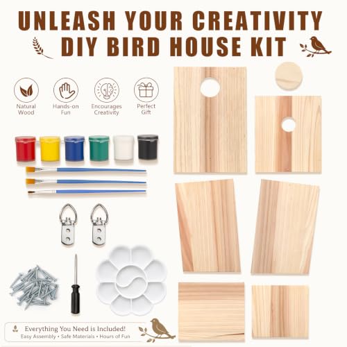 Bird House Kit, Large DIY Wooden Birdhouse Kits Including Paints and Brushes, Wooden DIY Bird House for Garden Yard Decor Gifts, Complete Crafting Kit