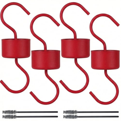 Metal Ant Moat for Hummingbird Feeders (4 Pack) | Ant Guard Hook with Leak-Proof Design, Includes 4 Cleaning Brushes, Red Hooks for Outdoor Bird Feeding Supplies - size: Standard - 0.8 FL OZ