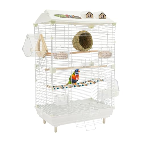 Small Bird Cage with Stand, 18.5 Inch, White Birdcage, 30.3"H, Iron,Plastic | Birdcage for small birds like parakeets. Features a spacious double-tier design and a removable tray for easy cleaning.