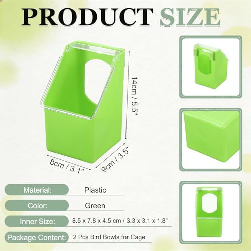 No Mess Bird Feeder, 3.5x3.1x5.5 Inch Parakeet Feeder Bird Cage Accessories Hanging Food Water Dispenser, (Green, 2 Pcs), Intended for Pet/Pigeon/Parrot/Chicken - color: Green