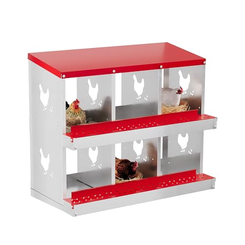 Chicken Nesting Boxes 6 Holes Galvanized Steel Rustproof Egg Laying Box with Egg Collection Systems, Hen Eggs Laying Box, Ventilated/Easy to Install, for Chicken Houses/Duck Houses/Hen - color: Red, size: 35.6"L x 17.3"W x 6.3"H