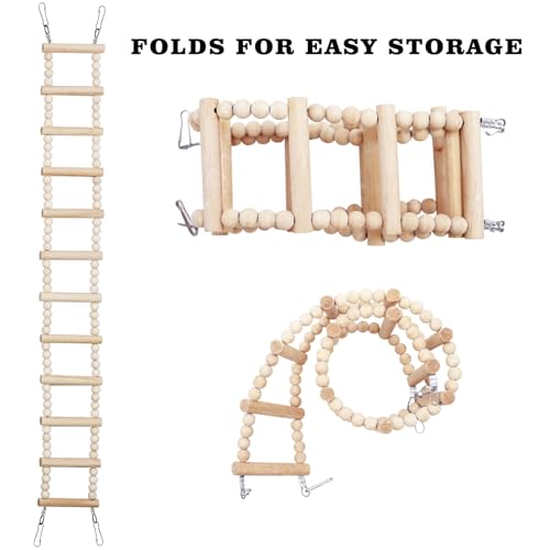 Long Bird Ladder with Wooden Rungs and Beads, Parakeet Climbing Swing Toys, Bird Cage Accessories, Wooden Climbing Bridge Toys for Parrots, Rat, Sugar Gliders, Squirrels, Snakes - size: 27.5×3.14 Inches