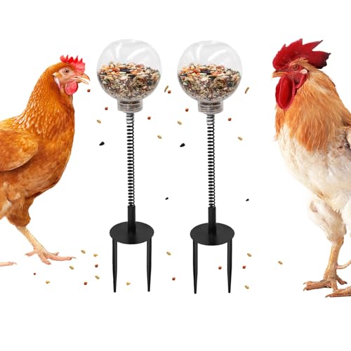 Chicken Enrichment Toys with Spring and Ground Stake, 2 Peck Treat Dispenser, Chicken Feeder for Coop, Coop Accessories for Hens, Geese, Ducks, Turkeys, Other Poultry - size: 2 Pack