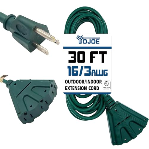YOJOE 3-Outlets Indoor Outdoor Extension Cord, 3 Prong 13A Weatherproof Power Cord Multiple Outlets, 16 Gauge Heavy Duty 30 ft Green Extension Cord for Garage, Garden, 16/3 SJTW UL Certified - color: Green, size: 30 Foot, style: Standard