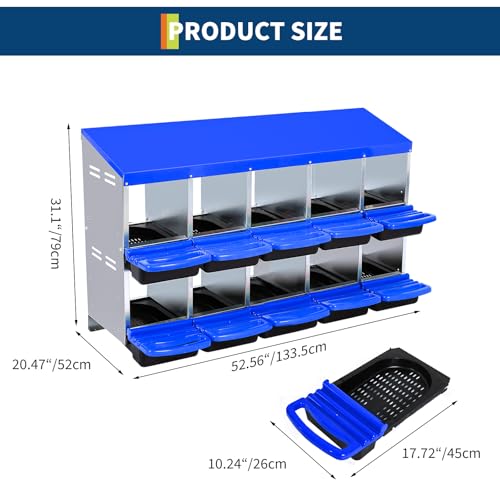 2-Tier Chicken Nesting Box, 10 Compartment Metal Nesting Box for Chickens with Waterproof Roof, Non-Slip Stable Base, Heavy Duty Chicken Laying Boxes for Hens, Poultry - color: Blue, size: 10 holes