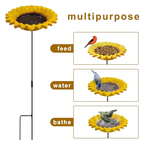 Sunflower Bird Bath&Birdfeeder for Small Birds Outdoors Mtal Flower Bird Bath Bowl Stick into Ground Cute Tray Feeders for Outdoor Garden Decoration for Bird Lovers - style: sunflower