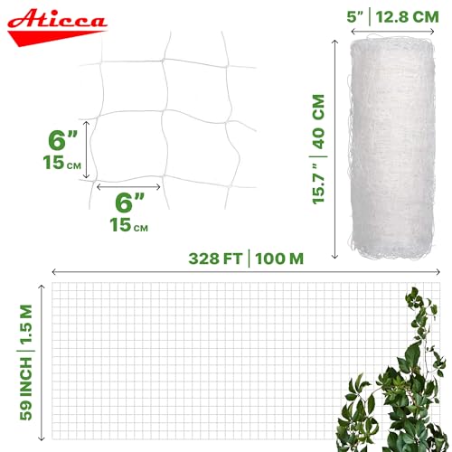 ATICCA Plastic Trellis Netting 59" x 328 ft Heavy Duty Plant Support Netting White - 6 Inch Garden Trellis on Roll - Mesh for Growing Vine Climbing Plants, Flowers, Peas, and Cucumber - size: 59''x328ft Plastic Trellis Netting
