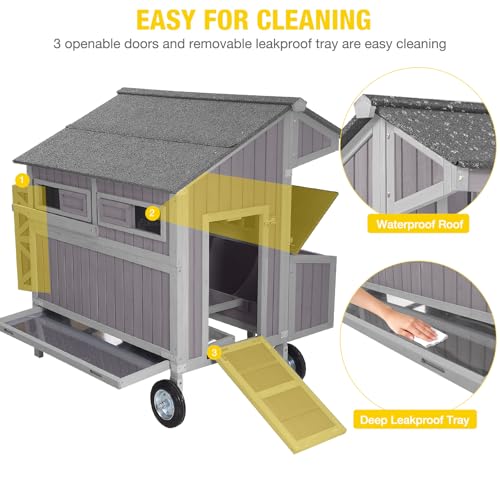 Large Chicken Coop with Wheels, Weatherproof Chicken Tractor with Asphalt Roof, Wooden Poultry Cage with Nesting Box & Removable Tray, Outdoor Hen House for 3-5 Chickens Backyard Farm - color: Grey, size: 48.6"L x 41.0"W x 51.2"H