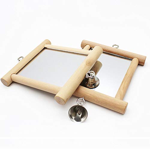 Litewoo Bird Mirror with Bell Parrot Swing Interactive Play Toys, 2PC | Natural wood, with bell, 5.91"x3.94", reduces loneliness, easy hang on cages, for small bird/parakeet/conure/lovebird - color: Bird Mirror with Bell-2PCS