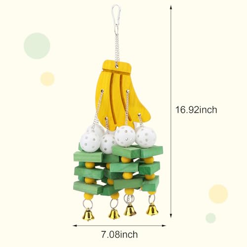 Hypeety Large Parrot Hanging Swing Toy Bells Chew Toy Colorful Hanging Wood Block Parrot Macaw African Greys Cockatiels Budgies Conure Banana Shape Natural Birds Cage Hanging Toy - color: Banana