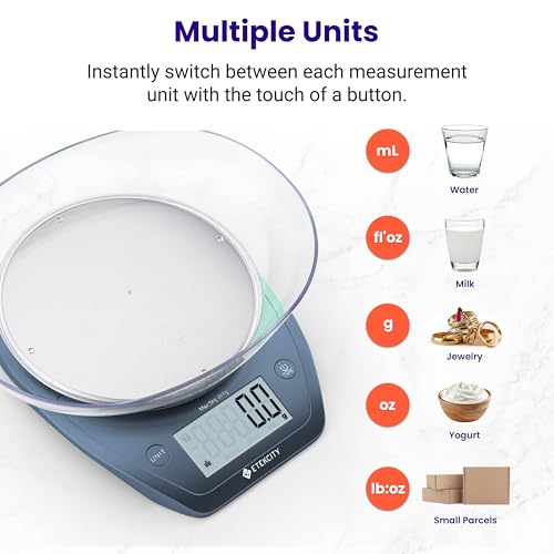 Etekcity 0.1g Food Scale, Bowl, Digital Grams and Ounces for Weight Loss, Dieting, Baking, Cooking, and Meal Prep, 11lb/5kg, Stainless Steel Prussian Blue | 11lb/5kg capacity with tare, removable bowl, ideal for baking, meal prep and portion control, Stai