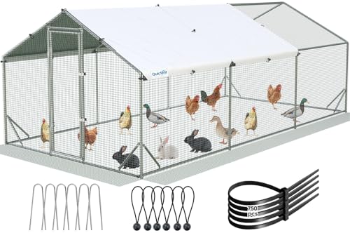 Quictent Large Metal Chicken Coop Run for 30+ Poultry w/Side Hardware Cloth | Waterproof Cover, Advanced Series Outdoor Walk-in Cage Hen Duck Rabbit Dog Pen Yard Farm House, 18x9x6.6FT - color: White, size: 214.5"L x 107.3"W x 78.0"H