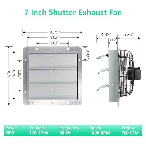 7 inch Louvered Exhaust Fan with ON/OFF Switch,Shutter Exhaust Fan 1600 RPM,760 CFM Ventilator Fan for Greenhouse, Gable, Barn, Garage, Shed,Chicken Coops Vent Fans - color: With ON/OFF Power Cord, size: 7inch