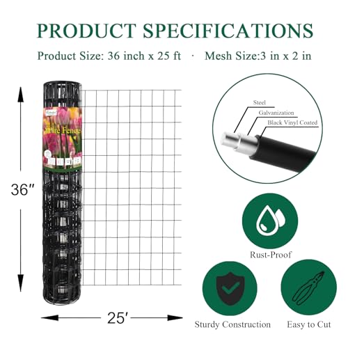 Black PVC Coated Welded Wire Fence 36" x 25' Roll, 2"x3" Mesh, 16 Gauge | Vinyl Coated Garden Fencing, Yard & Pet Barrier, Chicken Wire Fencing, Dog Enclosure Mesh, Vegetable Plant Protector - color: Black, size: 2''x3'' 16GA 36''x25'