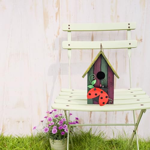 Morning View Bird Houses for Outside Decorative Nest Box Wooden Birdhouse Hanging Spring for Yard Garden Patio Outdoor Small Birds Bluebird Finch Cardinals Wren 9.35 Inch Tall (Red) - style: Ladybug